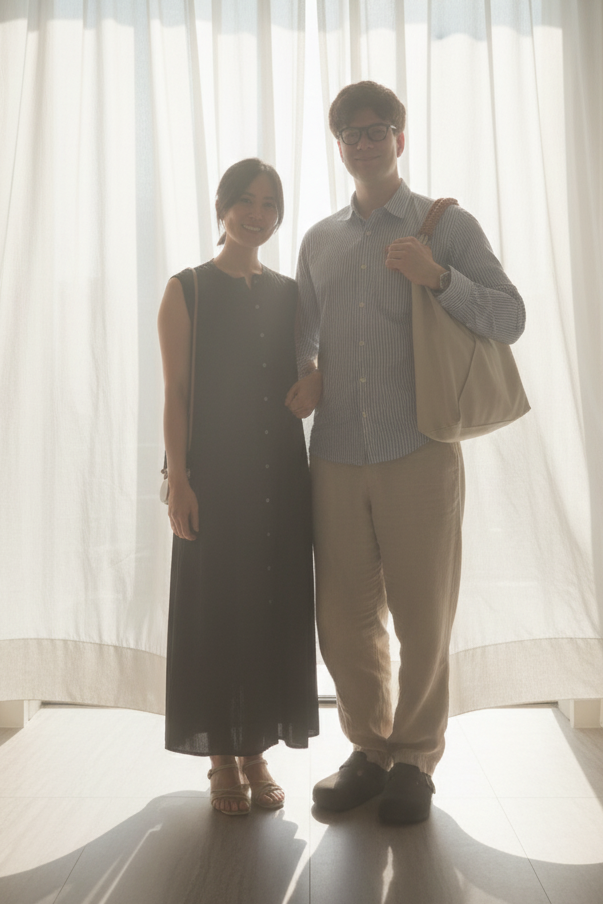 Two people standing in front of a large window with sheer curtains. On the left Haruka Mizukami, co-founder of TBD°; on the right Lasse Wehlmann, co-founder of TBD°